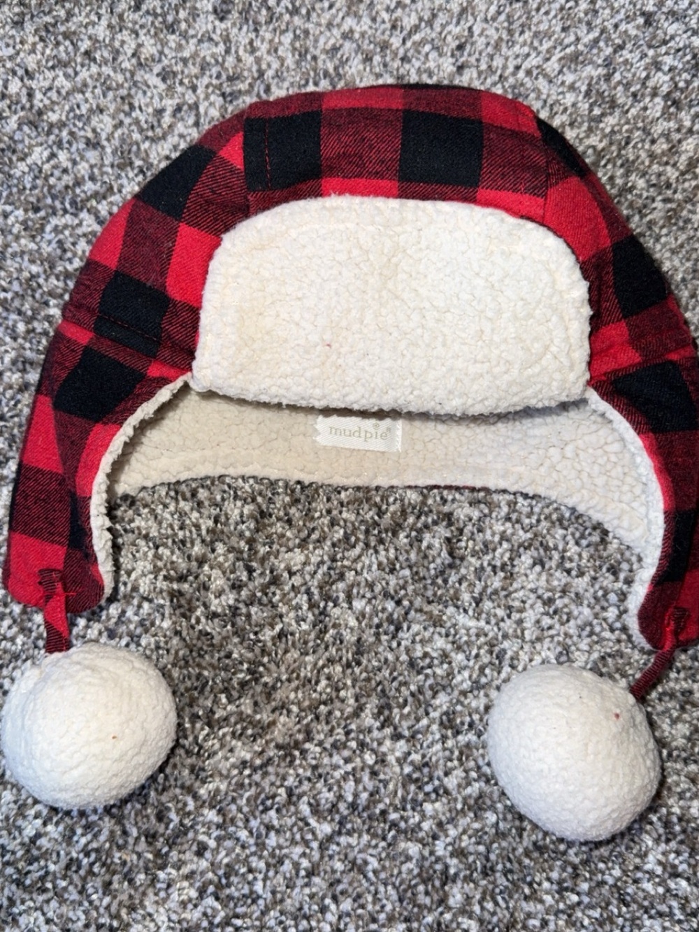 Mud Pie Red and Black Buffalo Plaid Sherpa Trapper Hat with Pom Poms